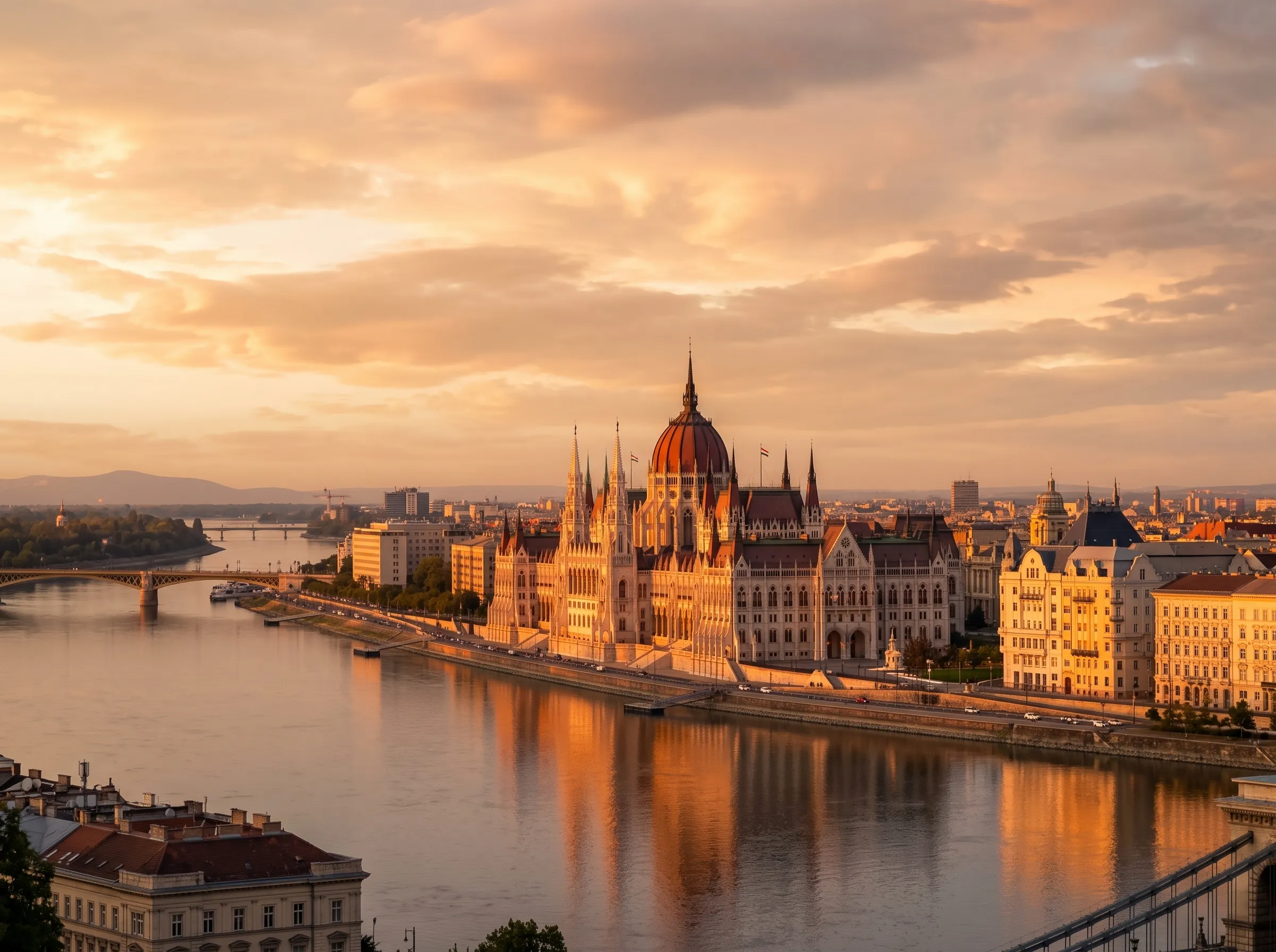 Budapešť — panoráma s parlamentom a reťazovým mostom